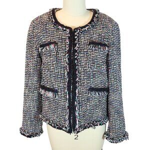 J CREW Lady Metallic Tweed Jacket in Black Rainbow Multi Fringe Size 4
